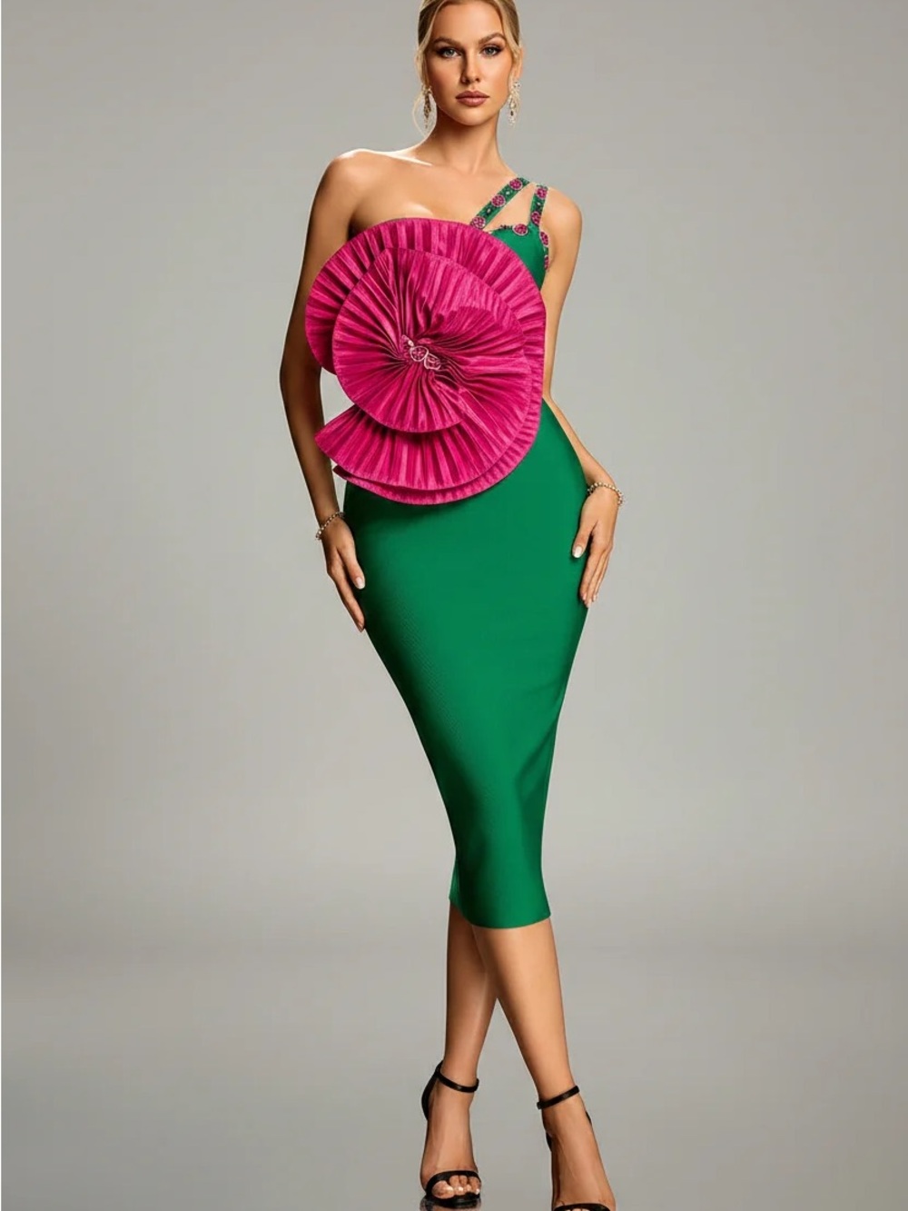 One-Shoulder Green Midi Dress with Pink Floral Accent